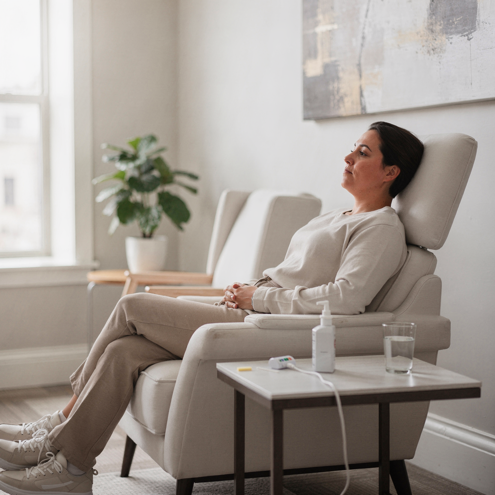 Patient resting in a comfortable chair during Spravato treatment at a medical clinic